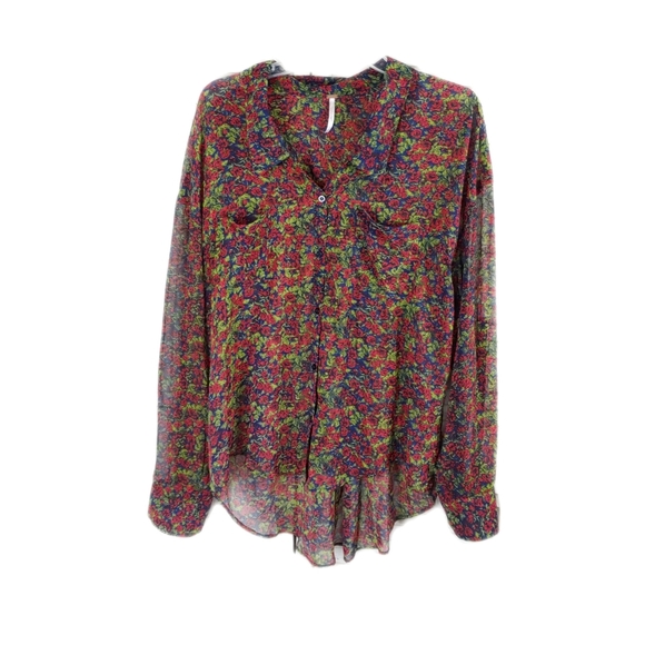 Free People Womens L Flowy Flowery Semi Sheer Button Shirt/Tunic - Picture 2 of 7